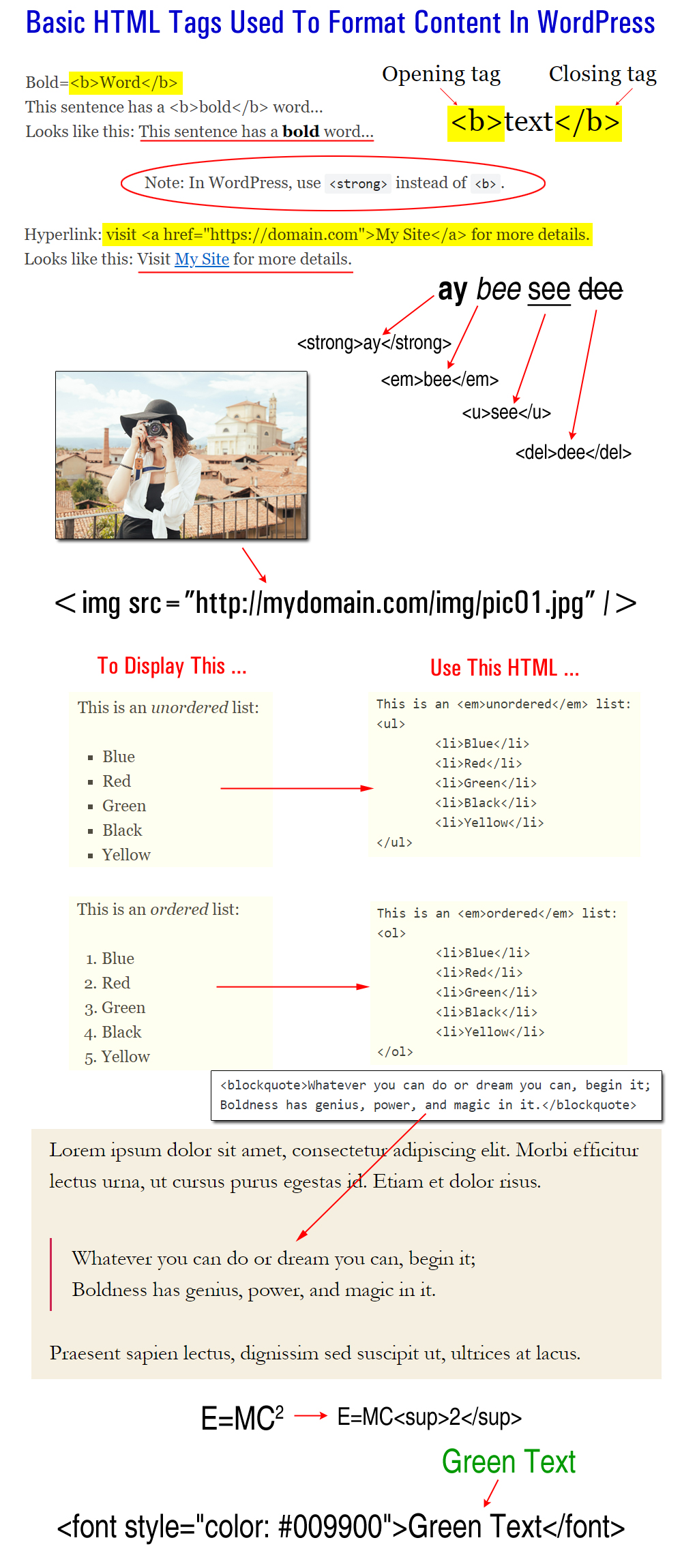 Practical examples of HTML formatting used in WordPress.