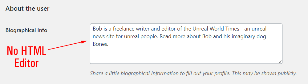 About the user - Biographical Info section.