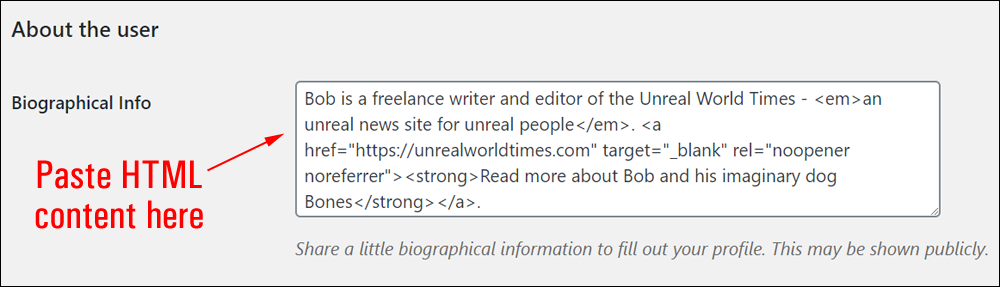 Paste content with HTML into the Biographical Info area.