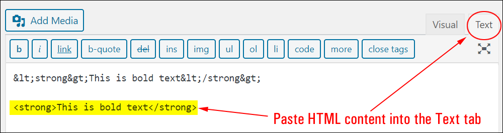 Paste HTML content into the Text tab.