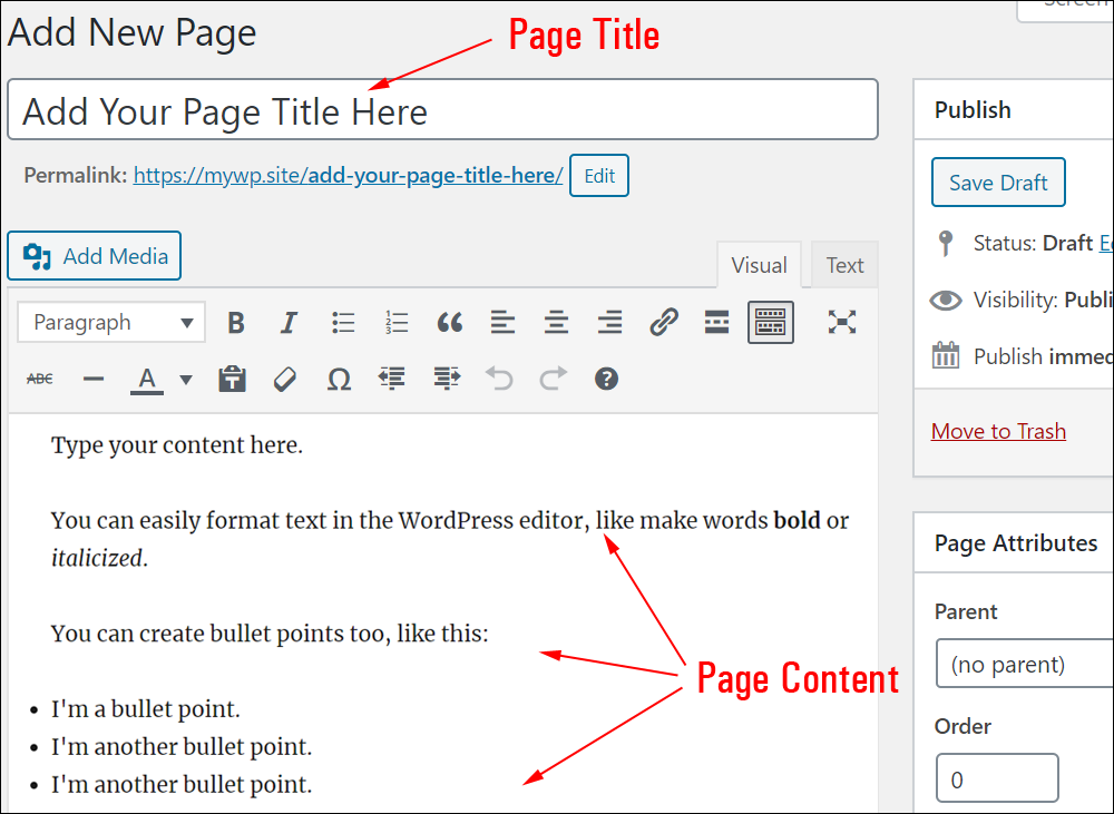 Add New Page screen - Page title and content sections.