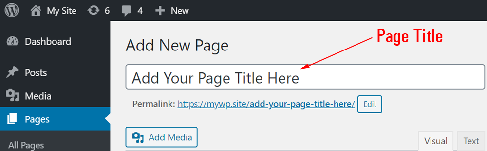 Add New Page screen - Page Title field.