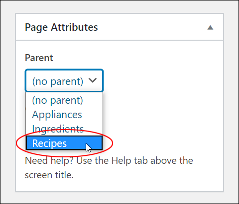 Page Attributes box - Parent page dropdown menu.