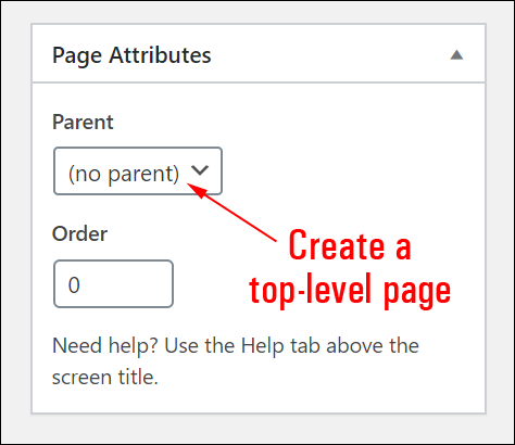 Page Attributes box - Parent - (no parent) selected.