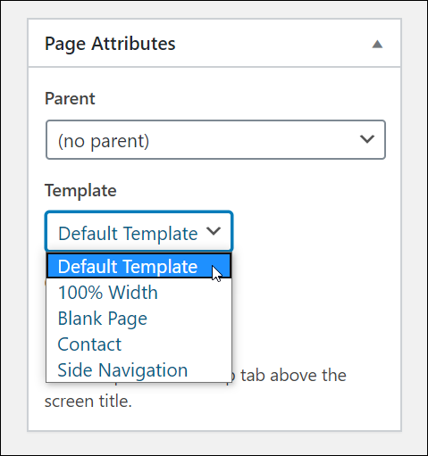 Page Attributes box - Template section displaying templates in dropdown menu.