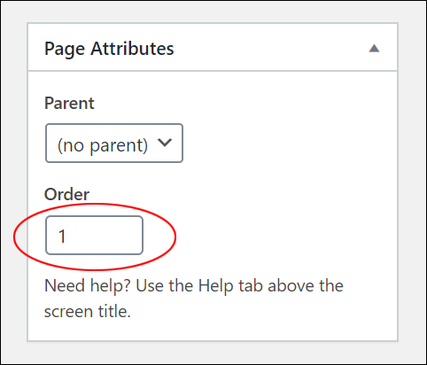 Page Attributes box - order field with number 1 inserted.