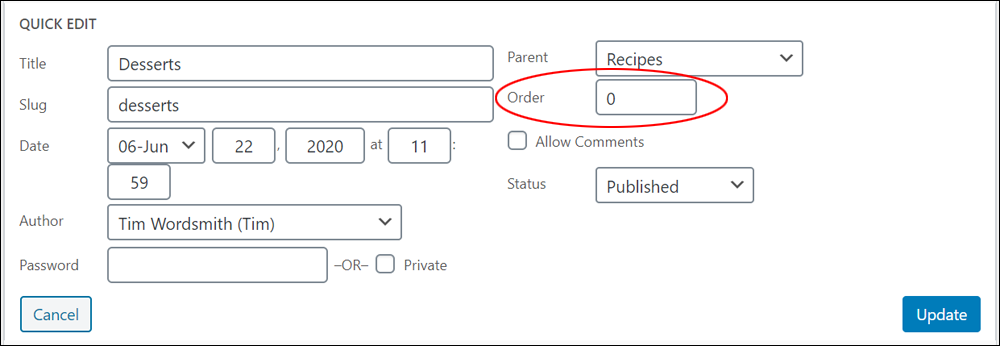 Quick Edit screen - Order field highlighted.