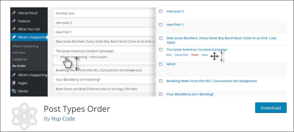 Post Types Order plugin for WordPress.