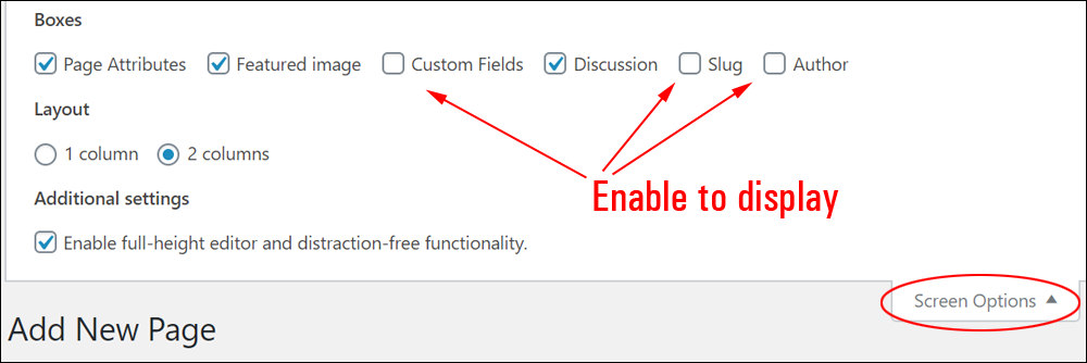 Add New Page - Screen Options