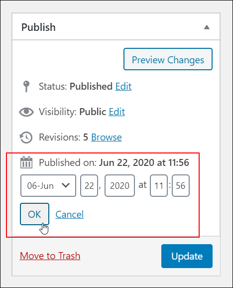 Publish box - editing publishing date and time.