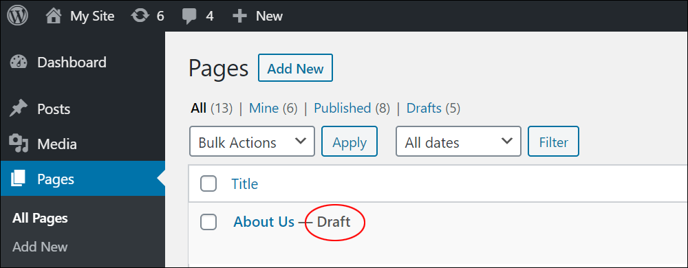 Table of Pages with draft page listed.