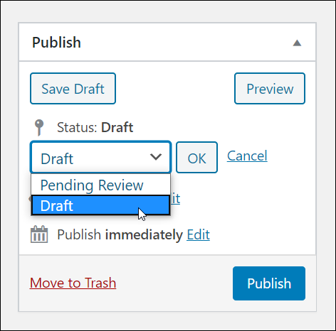 Publish box - Status dropdown menu.