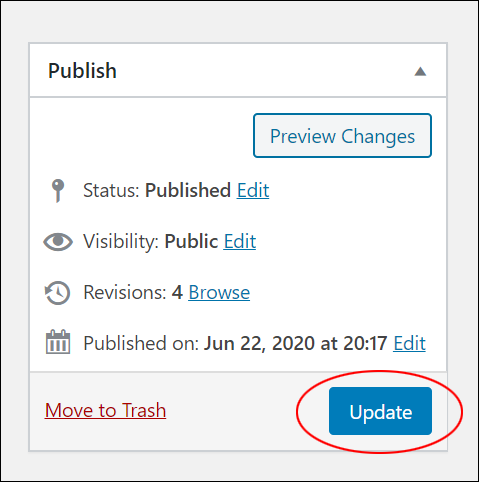 Publish box - Update button.