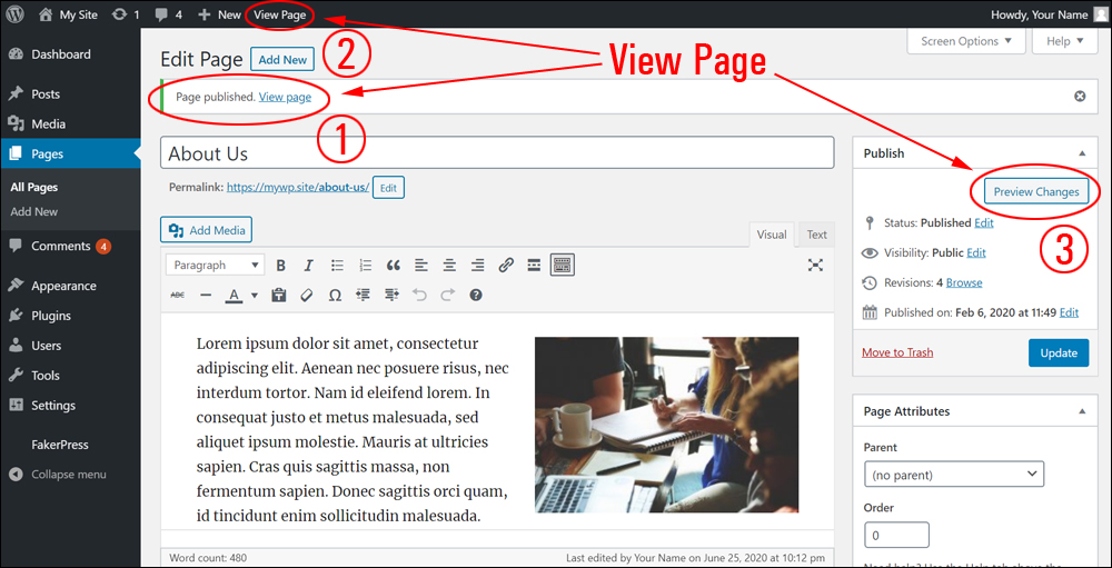 Edit Page screen - View Page options.