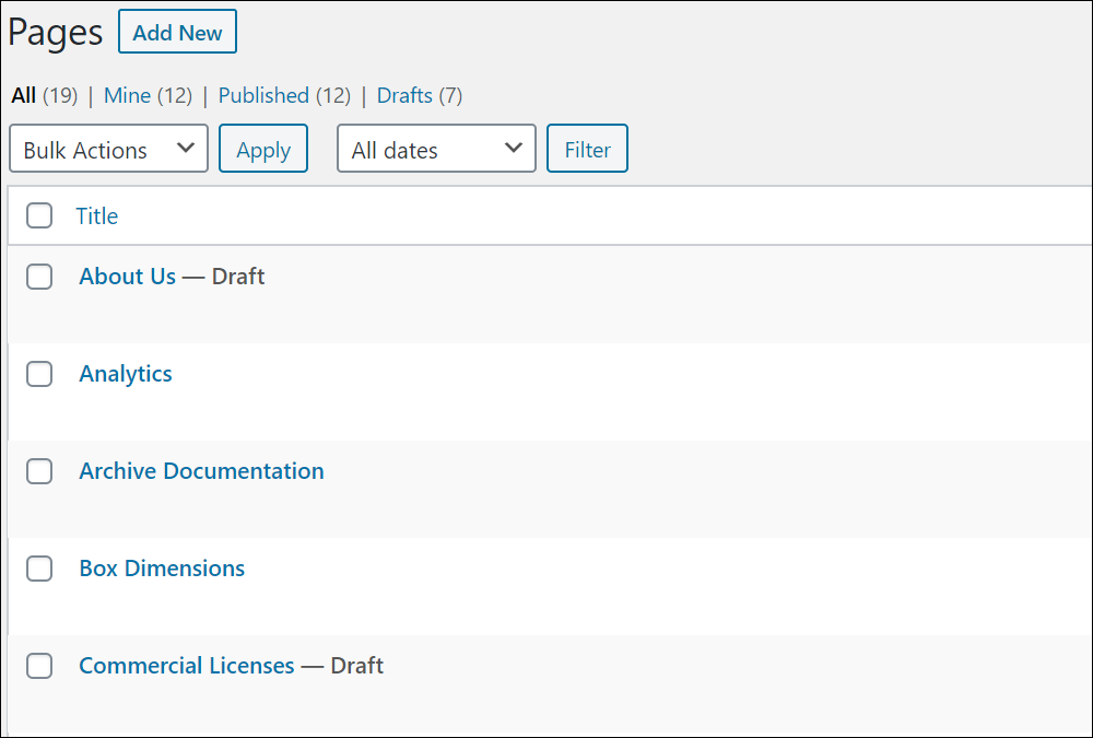 Example of pages listed in the WordPress Table of Pages.