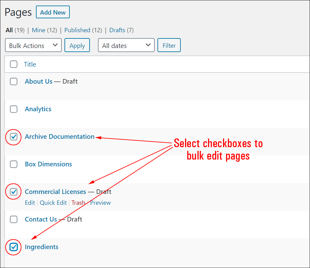 Select pages for bulk editing by ticking their checkboxes.