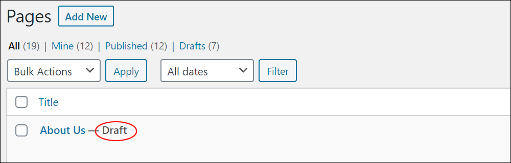 WordPress Table of Pages - Page status.