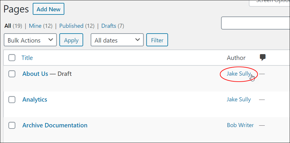 WordPress Table of Pages - Page Author column.