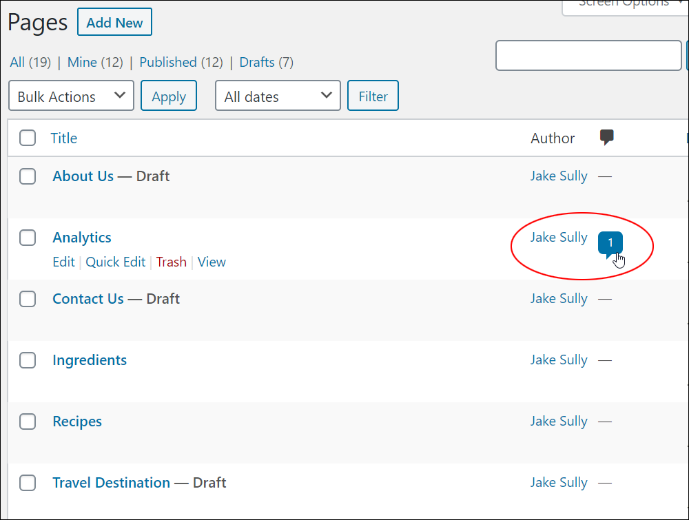 WordPress Table of Pages - Page comments column.