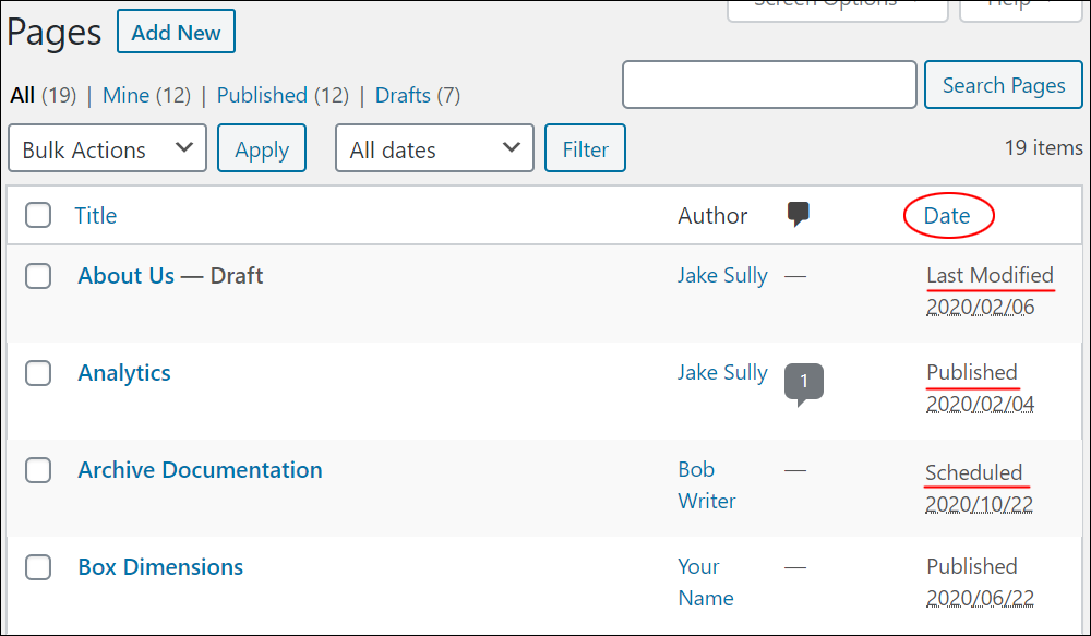 WordPress Table of Pages - Date column.