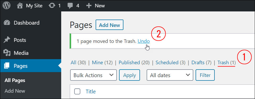 Undo page moved to trash.