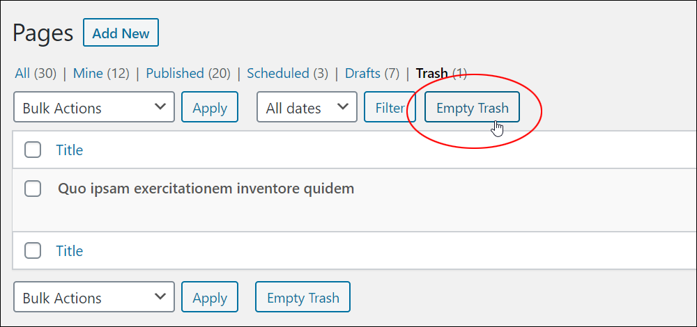 Trashed Pages - Empty Trash button.