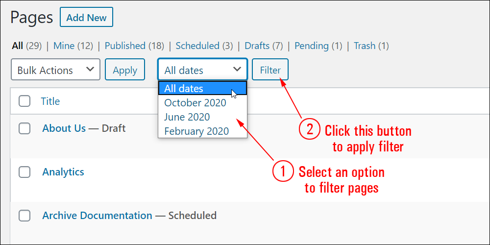 Table of Pages - Filter Pages by date function.