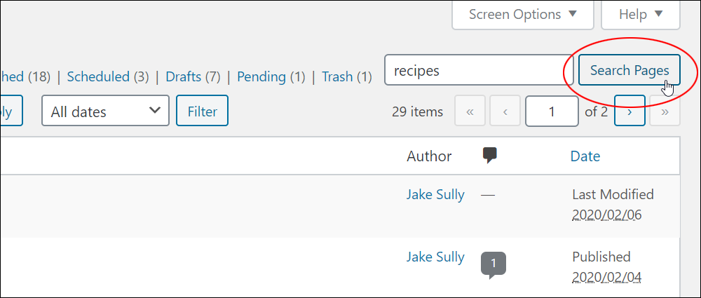 Table of Pages - Search Pages function.