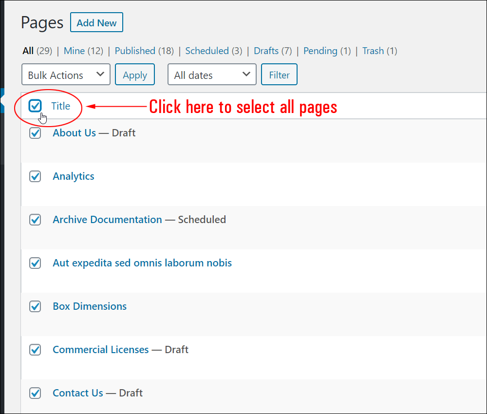 Select the Title column checkbox to select all pages.