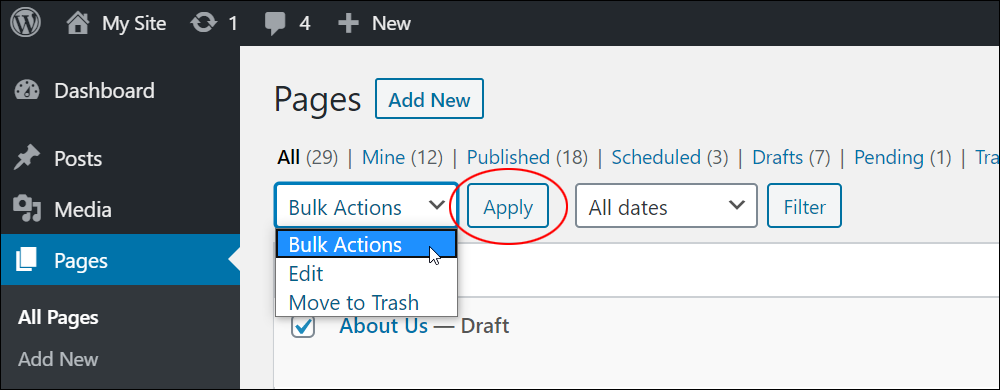 Table of Pages - Bulk Actions dropdown menu.