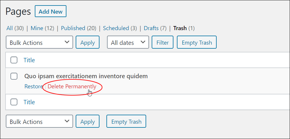 Trashed Pages - Delete Permanently link.