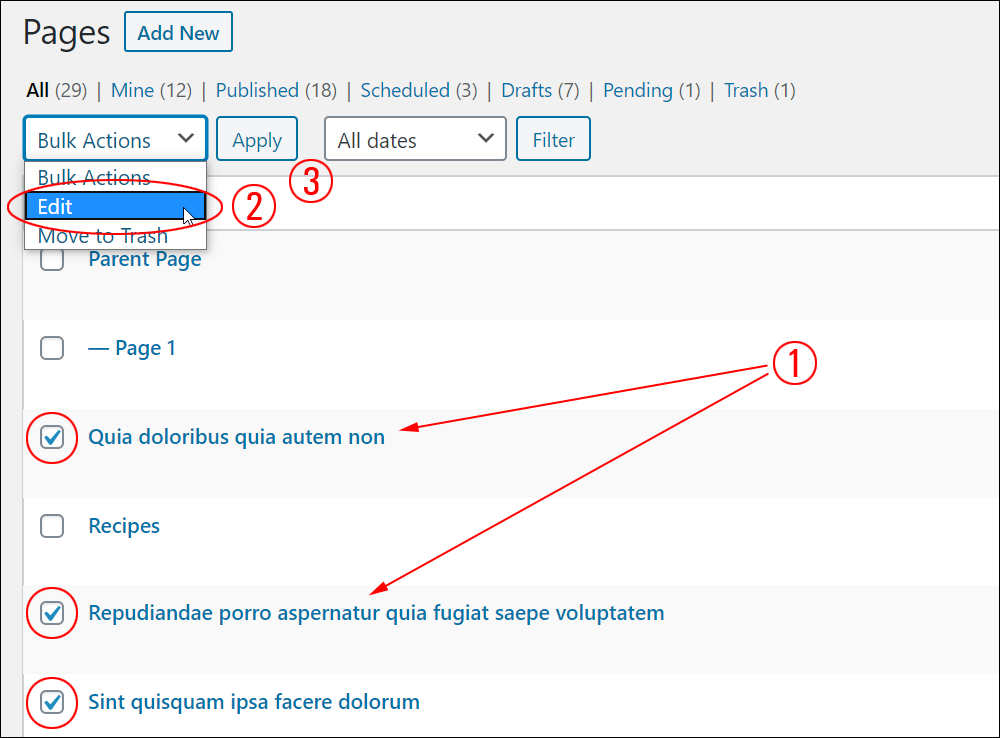 Table of Pages - Bulk Actions dropdown menu - Edit