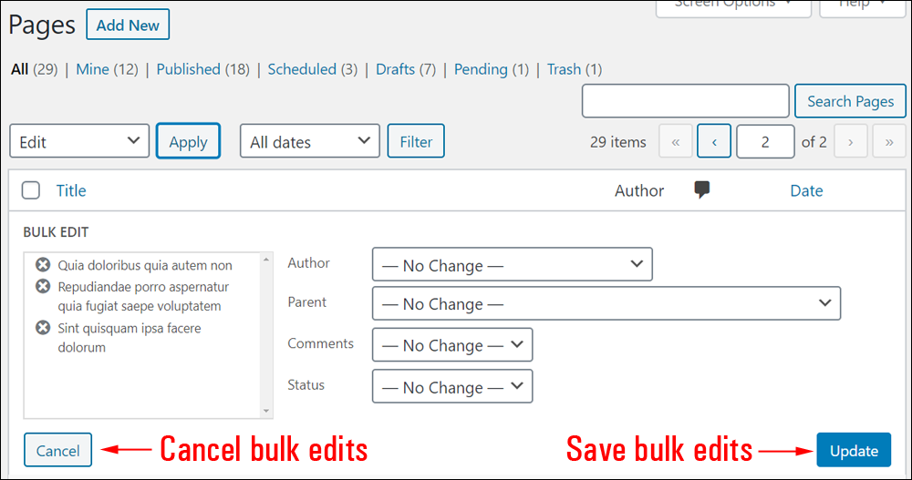 WordPress Quick Editor - Cancel and Save bulk edits buttons.