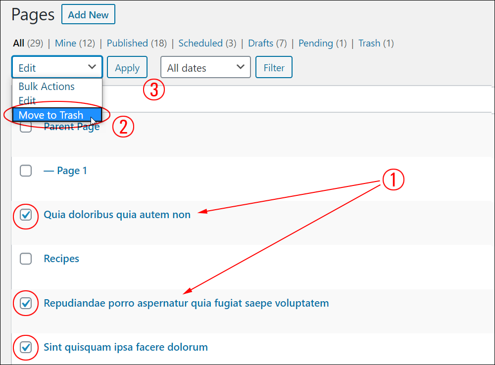 Select Bulk Actions - 'Move to Trash' to bulk delete pages.