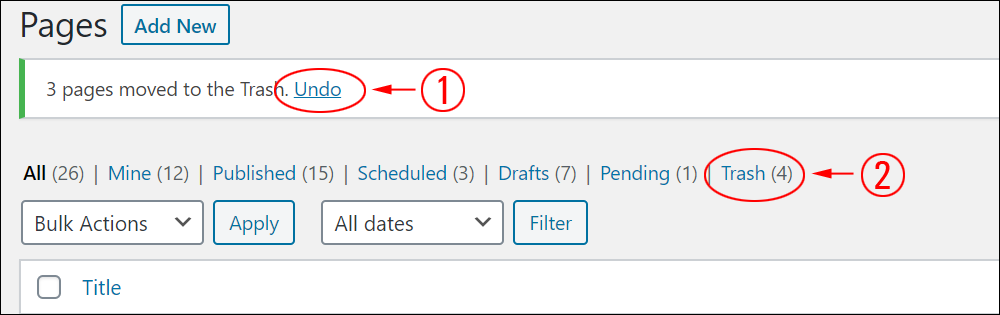 Undo pages moved to the trash.