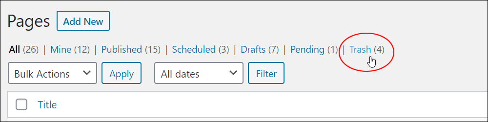 WordPress Table of Pages - Trash menu link
