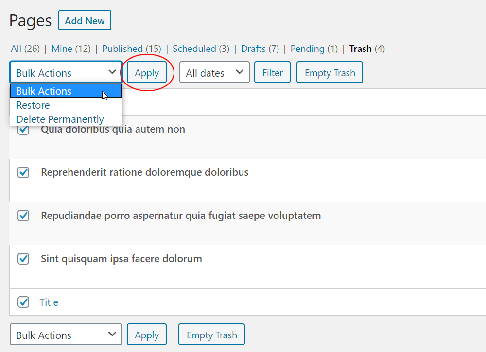 WordPress Table of Pages - Bulk Actions menu and Apply button.