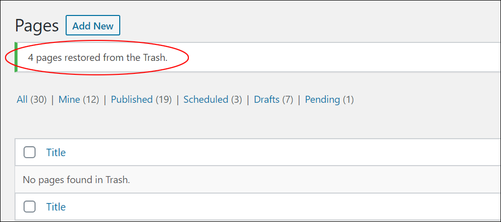'Pages restored from the trash' notification message.