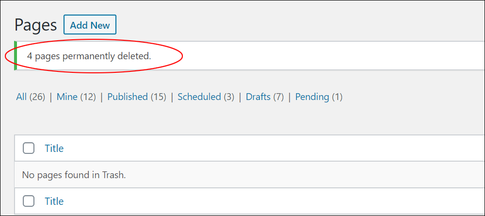 'Pages permanently deleted' notification message.