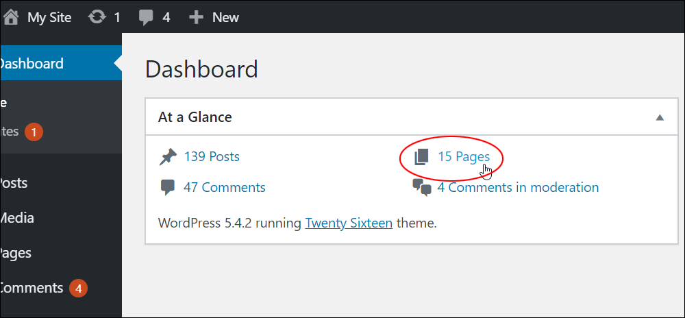 Dashboard - At a Glance panel: Pages link