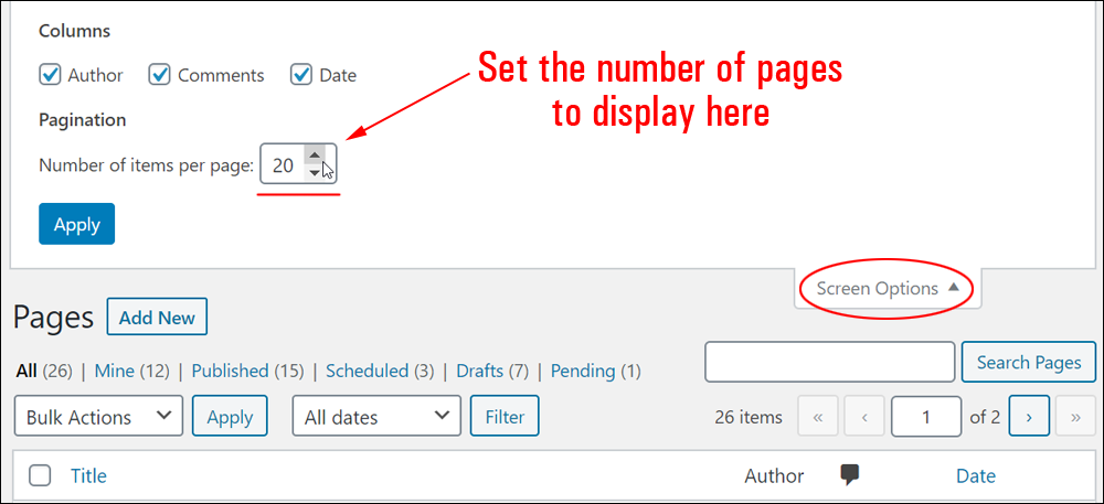 Pages Screen Options tab - Set the number of items to display per page.