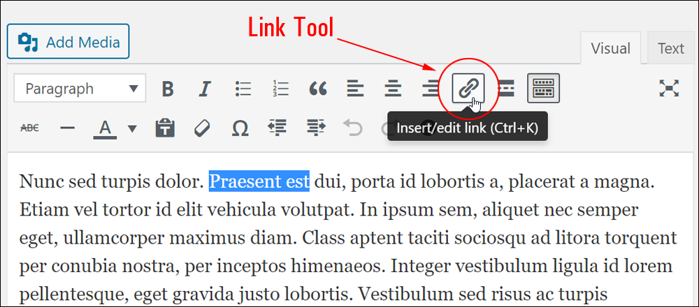 WordPress link tool menu button.