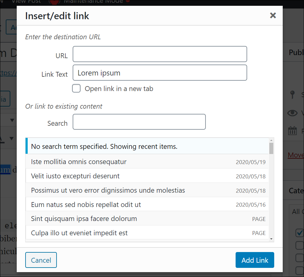 Linking tool options.