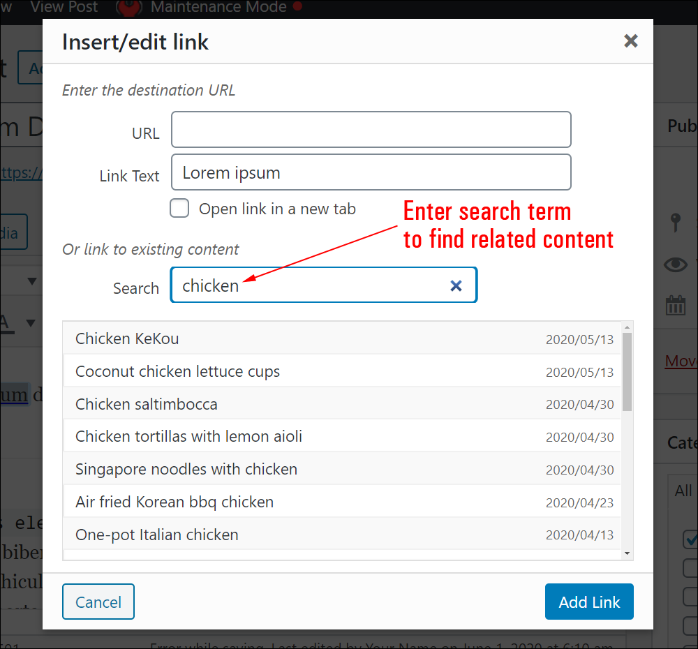 Insert/edit link - Search field.