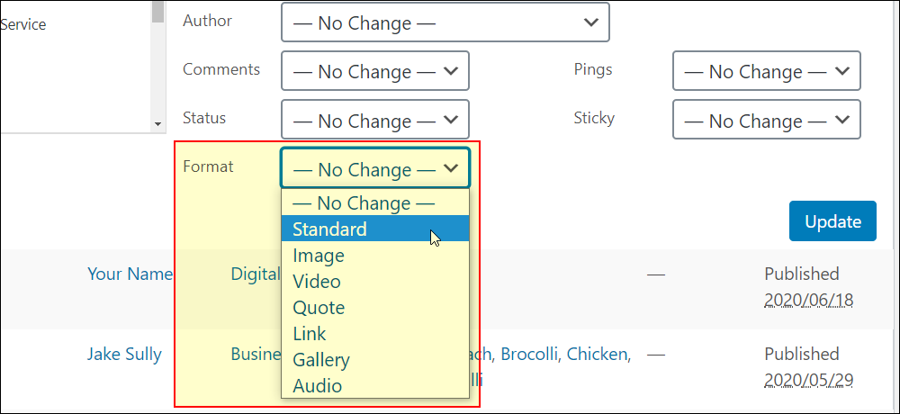 Bulk Edit screen - Post Formats