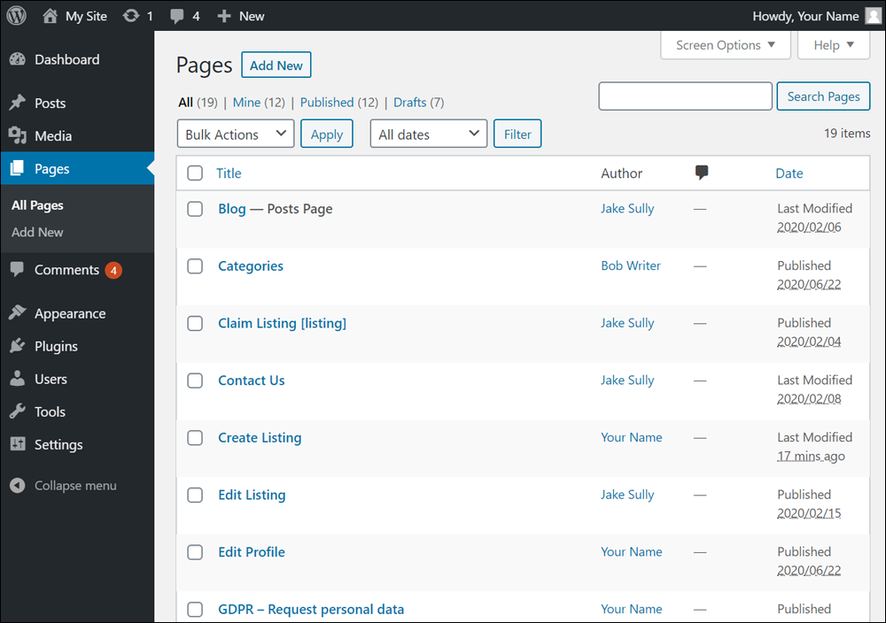 Pages Screen - Table of Pages