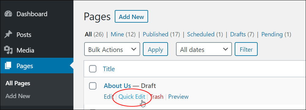 Pages Screen - Quick Edit menu