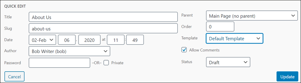 Quick Edit - Page edit options.