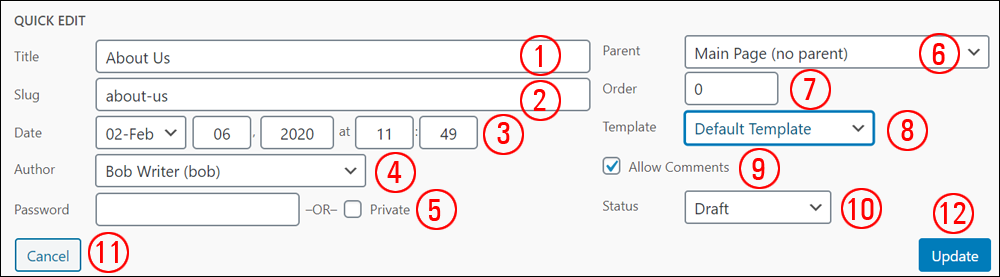 Quick Edit Page options.