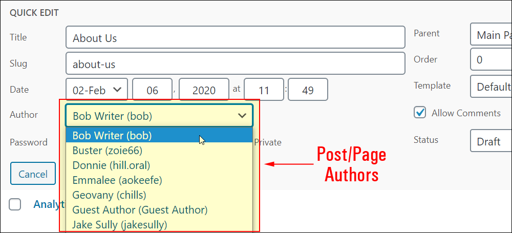 Quick Edit - Post/Page Authors dropdown menu.